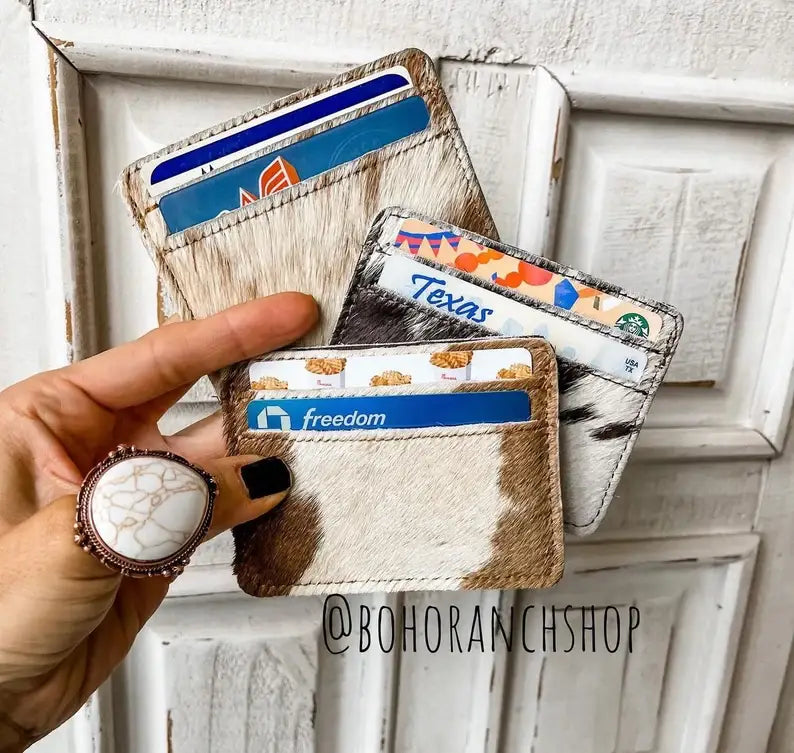 Western Cowhide Credit Card Holder - Money holder: BLACK + WHITE COWHIDE