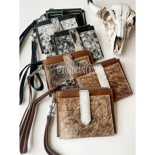 Western Cowhide Leather Wristlet Wallet Money Coins: 3 - BROWN + WHITE COWHIDE