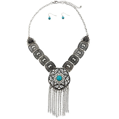 Silver Concho Chain Turquoise Cabochon Necklace Set