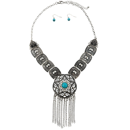 Silver Concho Chain Turquoise Cabochon Necklace Set
