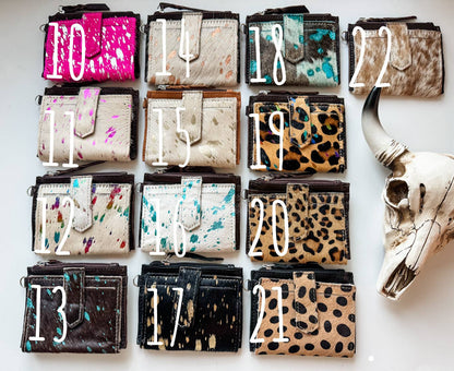 Western Cowhide Leather Wristlet Wallet Money Coins: 13 - BROWN + TURQUOISE SPECS