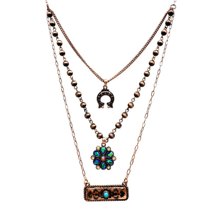 Aztec Horseshoe Flower Three Piece Necklace: Silver