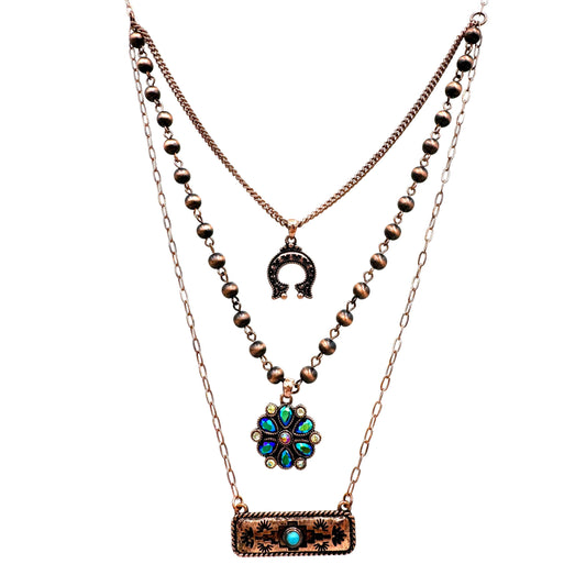 Aztec Horseshoe Flower Three Piece Necklace: Silver