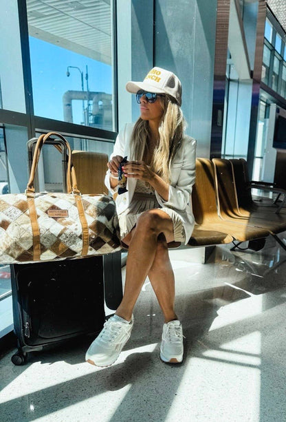 BOHO LUXE DUFFLE Weekender Leather HairOn Cowhide Travel Bag: Brown +White Cowhide