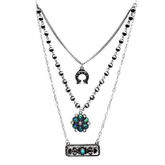 Aztec Horseshoe Flower Three Piece Necklace: Silver