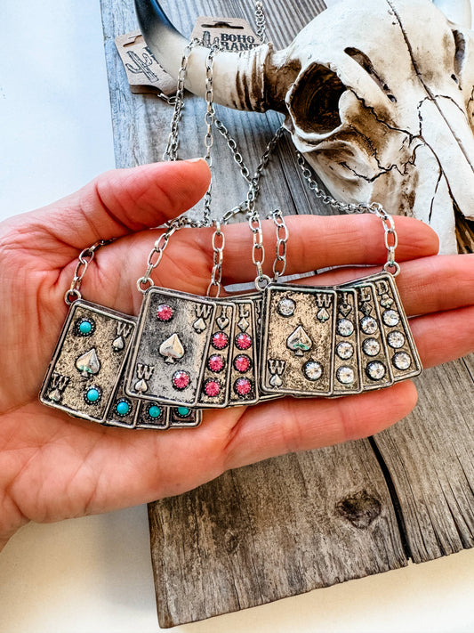 Western Wild Card Pendant Necklace - Rhinestones: PINK