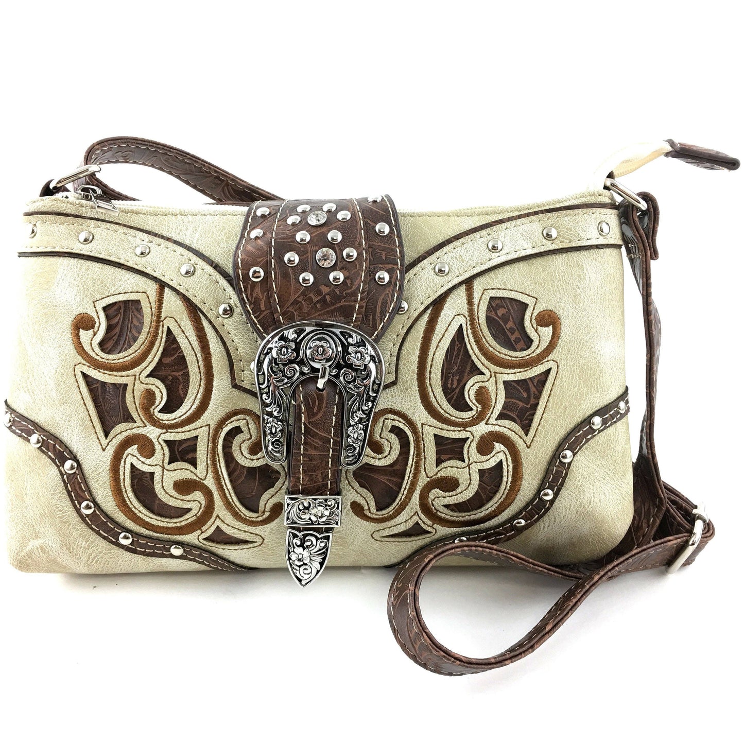 Western Floral Buckle Crossbody Pouch Bag: Brown