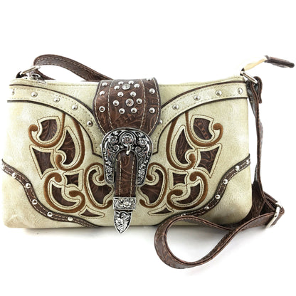 Western Floral Buckle Crossbody Pouch Bag: Brown