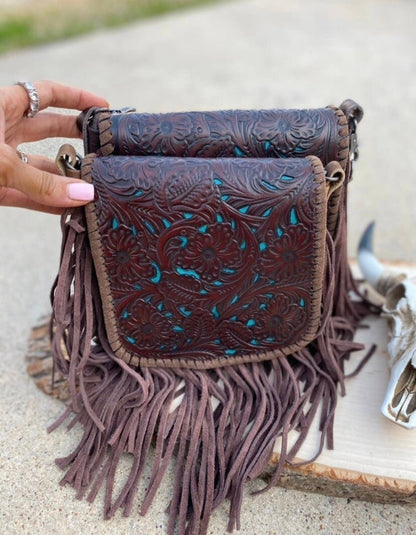 THE LEXIE CROSSBODY - BROWN + TURQUOISE - Laser Cut Purse: Medium