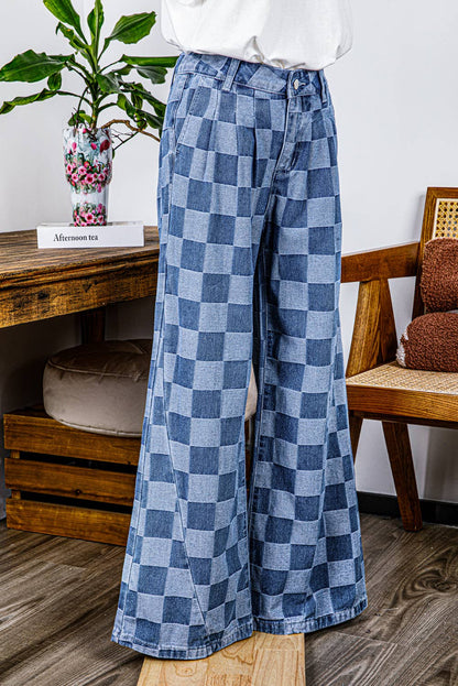 Fashion-W Checkered Denim Wide Leg Jeans