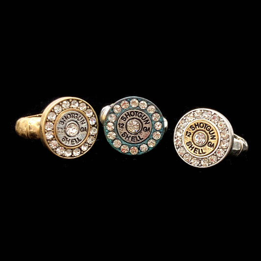 12 GA Shotgun Bullet Shell Rhinestone Stretch Ring: Patina