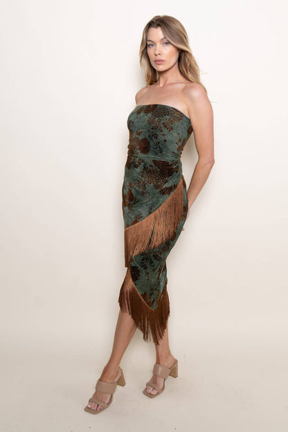 STRAPLESS ASYMMETRICAL MIDI DRESS WITH FRINGE HEM: Green Floral / Contemporary /S/M/L