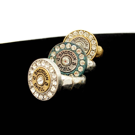 12 GA Shotgun Bullet Shell Rhinestone Stretch Ring: Patina