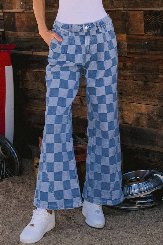Fashion-W Checkered Denim Wide Leg Jeans