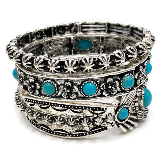 Turquoise Flower Three Piece Western Chunky Stretch Bracelet: Multi-Colored