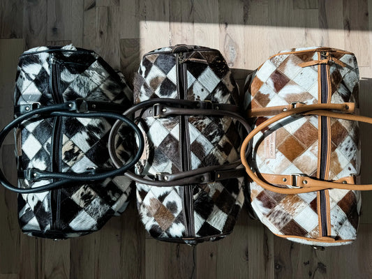BOHO LUXE DUFFLE Weekender Leather HairOn Cowhide Travel Bag: Brown +White Cowhide
