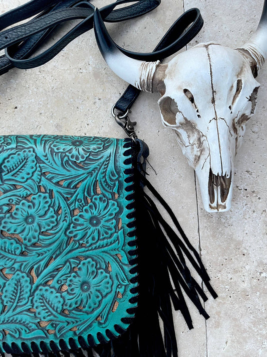 THE LEXIE CROSSBODY - TURQUOISE/ BLACK - Laser Cut Purse: MEDIUM
