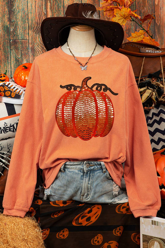 Fashion Halloween Pumpkin Ribbed Round Neck Sweatshirt: Orange / Missy