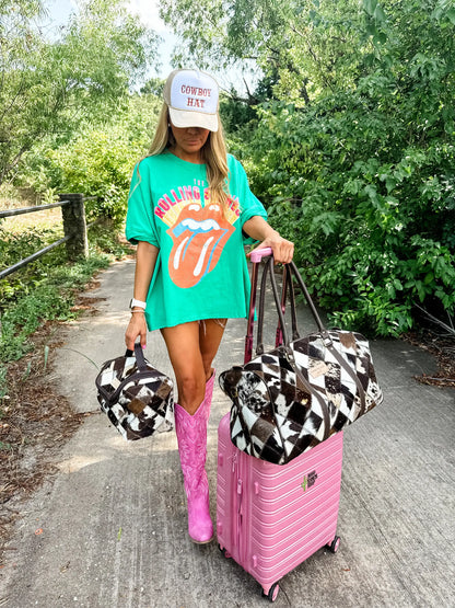 BOHO LUXE DUFFLE Weekender Leather HairOn Cowhide Travel Bag: Brown +White Cowhide