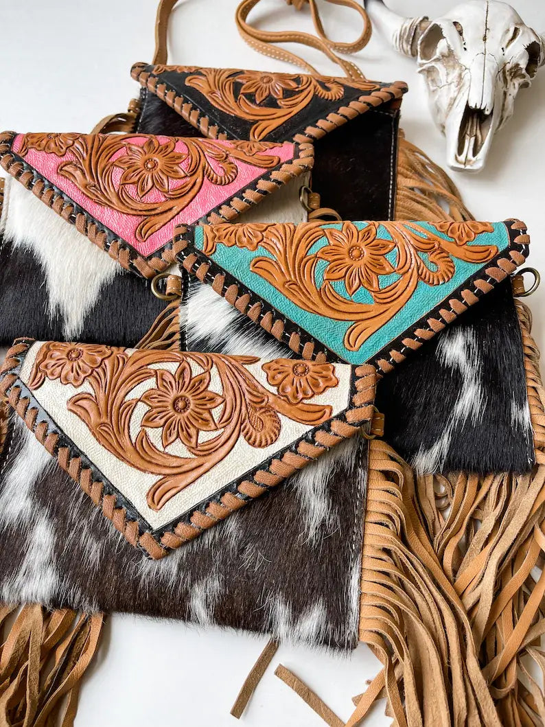 THE CASSIE - TOOLED crossbody Western Tooled Leather Cowhide: Pink