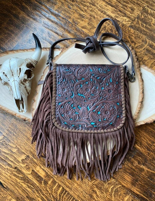 THE LEXIE CROSSBODY - BROWN + TURQUOISE - Laser Cut Purse: Medium