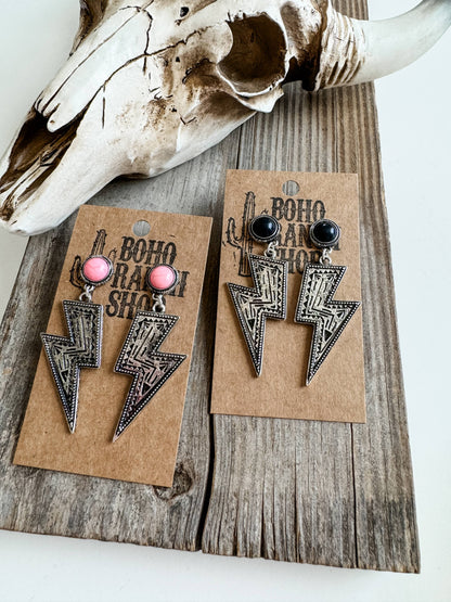Western Textured Lightning Bolt Thunder Earrings : PINK