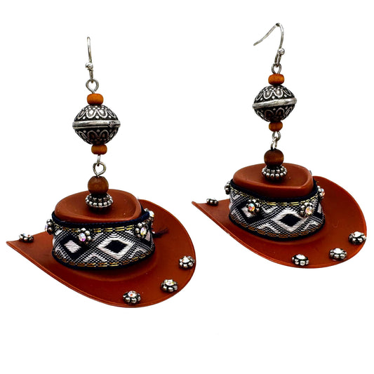Brown Western Hat with Rhinestones Large Costume Earrings