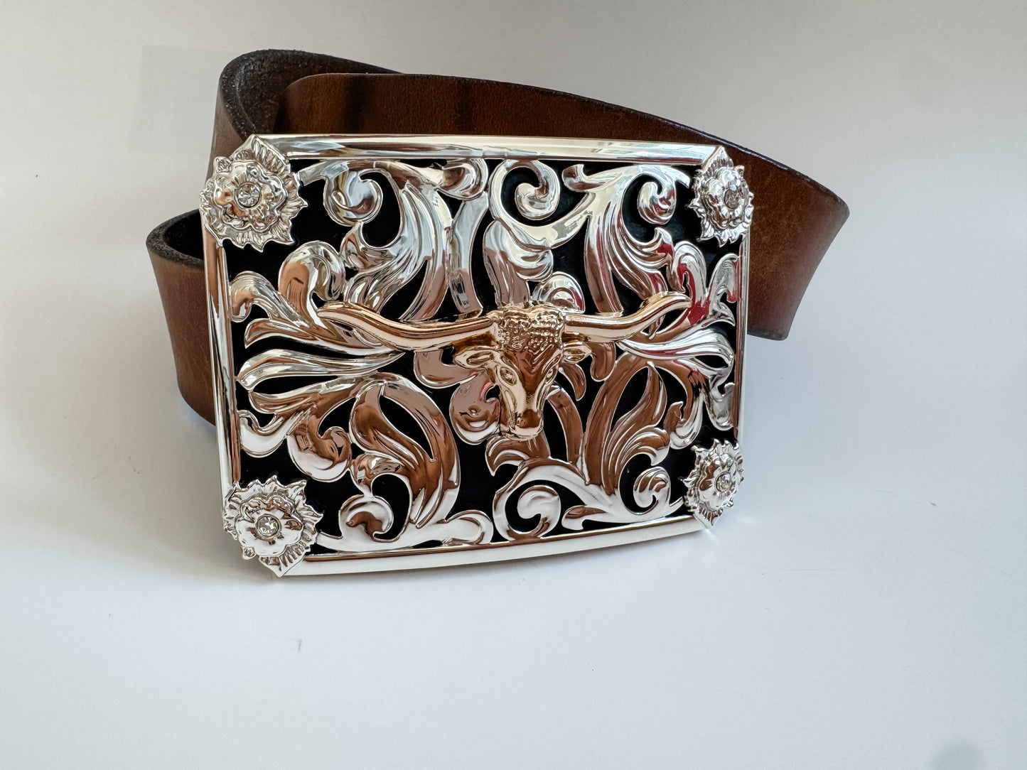 Western Longhorn Steer Belt Buckle – Antique Silver Finish : 1