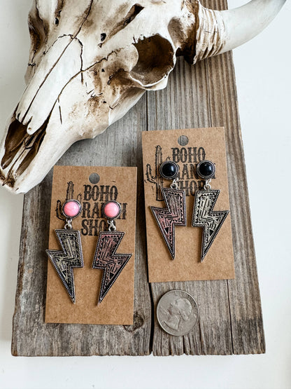 Western Textured Lightning Bolt Thunder Earrings : PINK