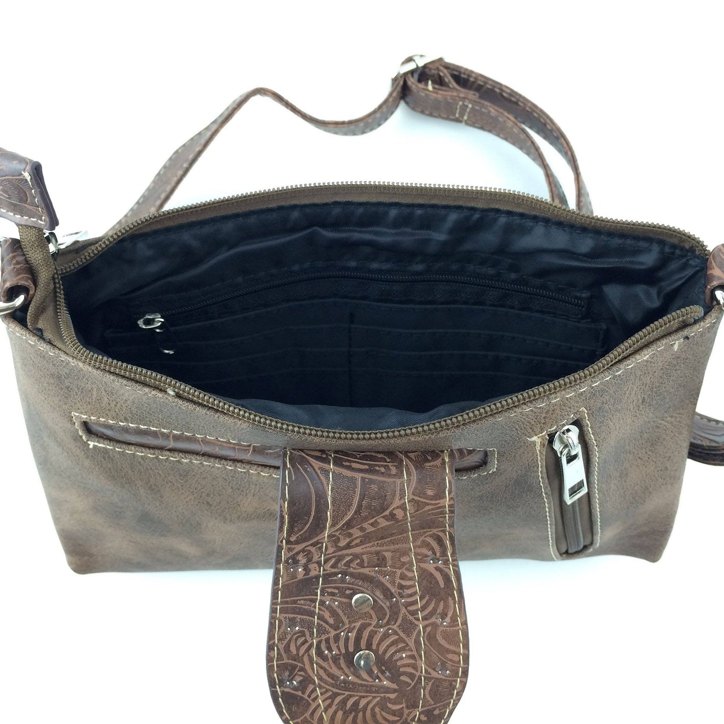 Western Floral Buckle Crossbody Pouch Bag: Brown