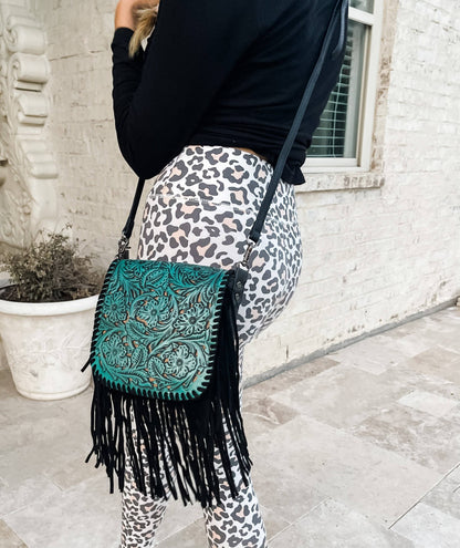 THE LEXIE CROSSBODY - TURQUOISE/ BLACK - Laser Cut Purse: MEDIUM