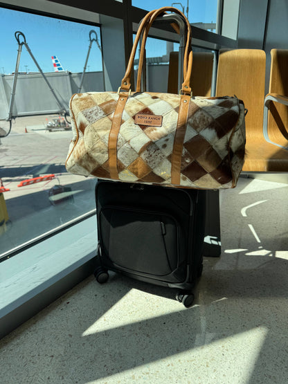 BOHO LUXE DUFFLE Weekender Leather HairOn Cowhide Travel Bag: Brown +White Cowhide