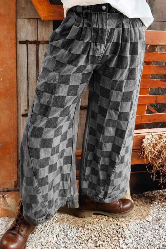 Fashion-W Checkered Denim Wide Leg Jeans