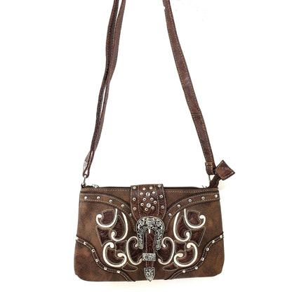Western Floral Buckle Crossbody Pouch Bag: Brown