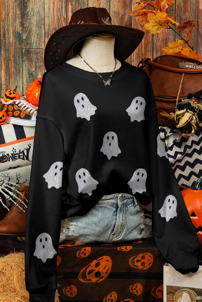 Fall Glitter Ghost Print Crew Neck Halloween Sweatshirt: As shown / Missy
