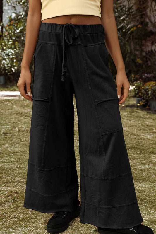 Fashion-W Mineral Wash Exposed Seam Drawstring Cargo Pants: Black / Missy