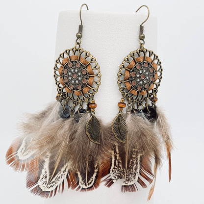 Feather Pendant Round Hollow out Woven Earrings Bohemian: Picture color