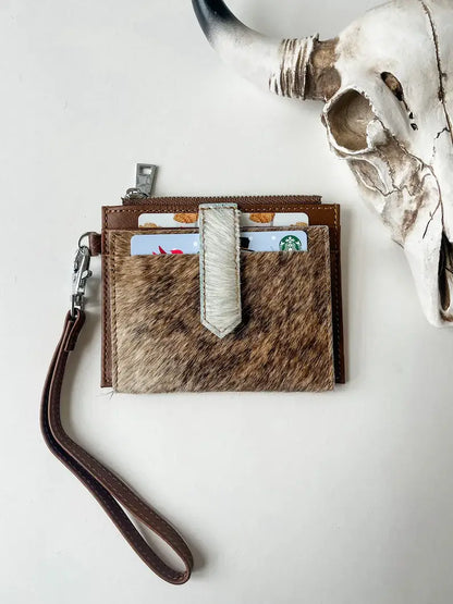 Western Cowhide Leather Wristlet Wallet Money Coins: 13 - BROWN + TURQUOISE SPECS