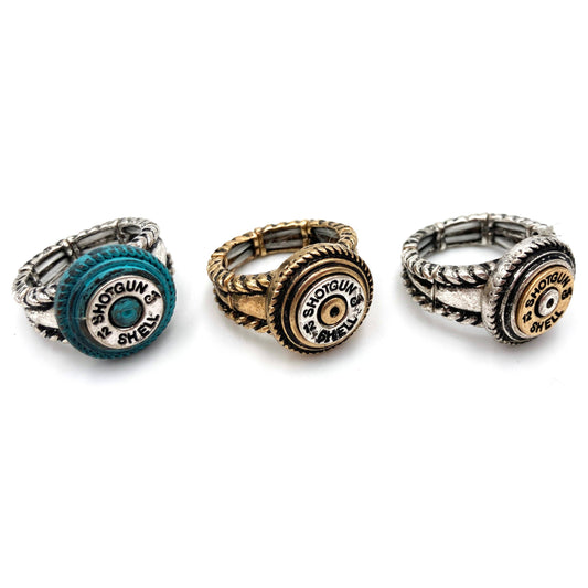 12 GA Shotgun Bullet Shell Western Stretch Ring: Silver