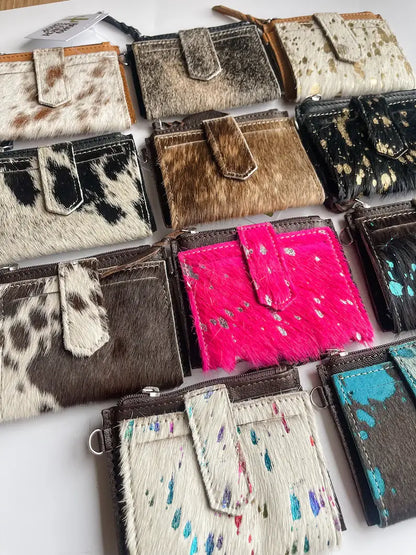 Western Cowhide Leather Wristlet Wallet Money Coins: 13 - BROWN + TURQUOISE SPECS