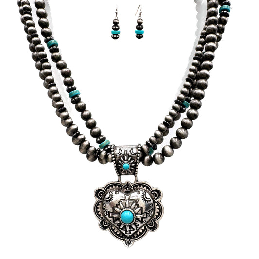 Silver Western Heart Navajo Turquoise Necklace Set