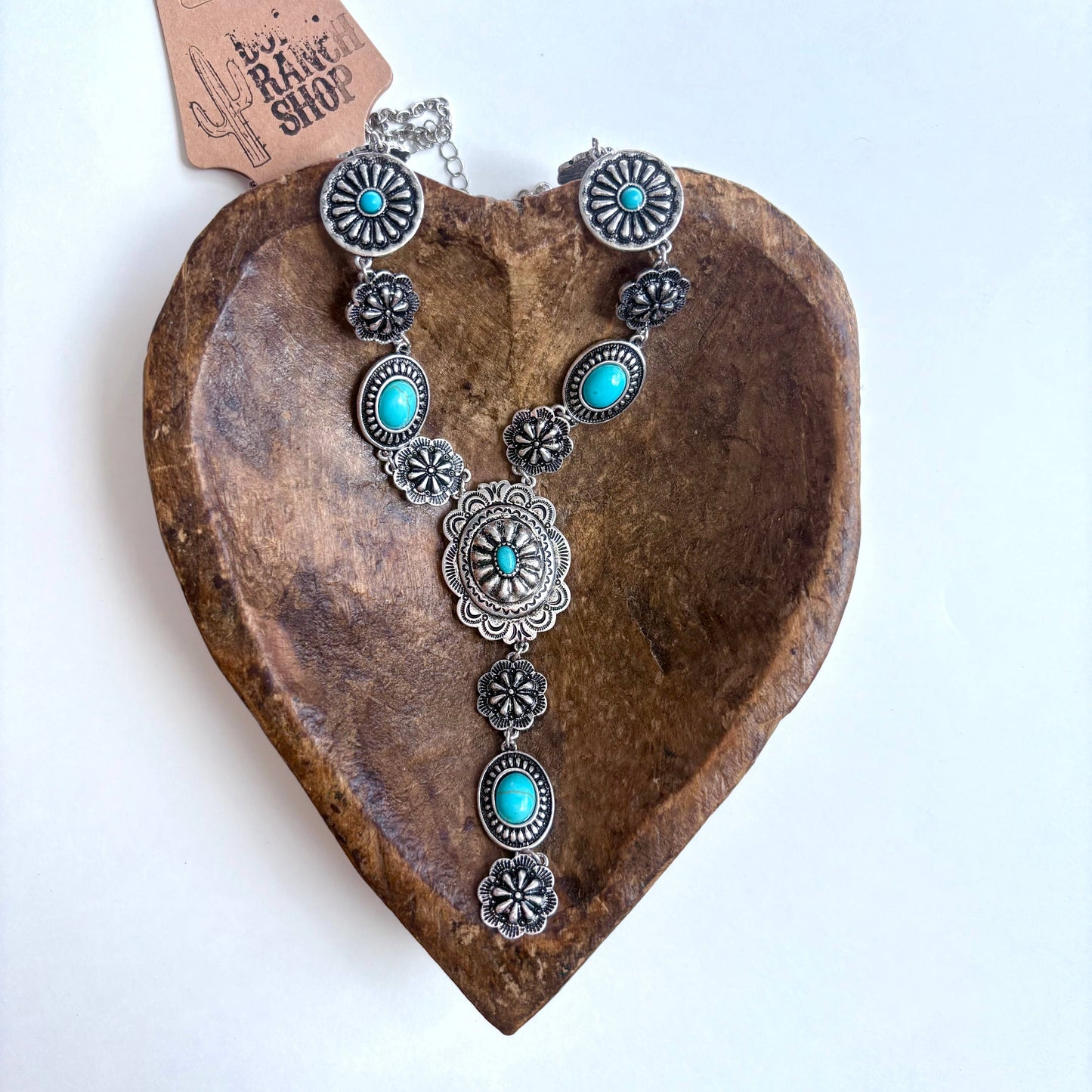 Turquoise Stone Western Flower Concho Y Drop Necklace