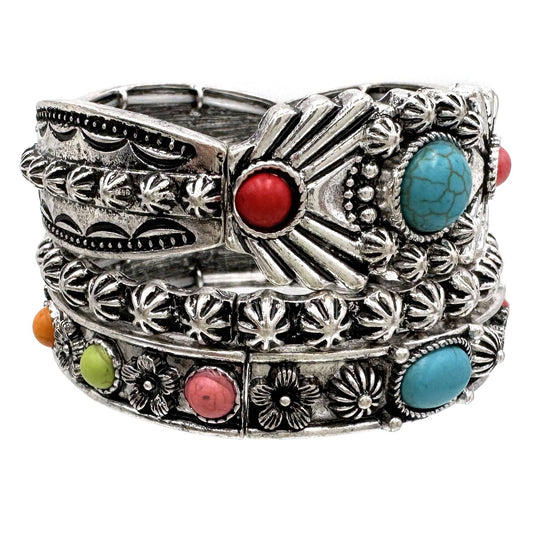 Turquoise Flower Three Piece Western Chunky Stretch Bracelet: Multi-Colored