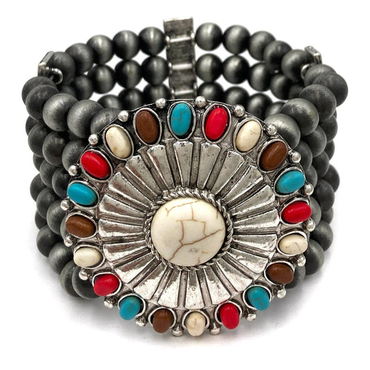 Metal Concho Western Trophy Buckle Chunky Beaded Bracelet: Silver