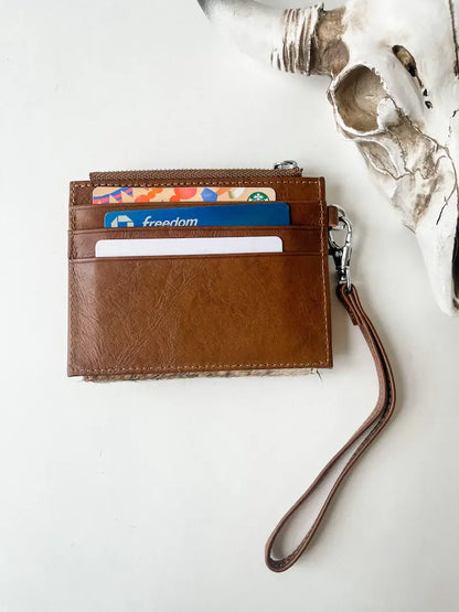 Western Cowhide Leather Wristlet Wallet Money Coins: 13 - BROWN + TURQUOISE SPECS