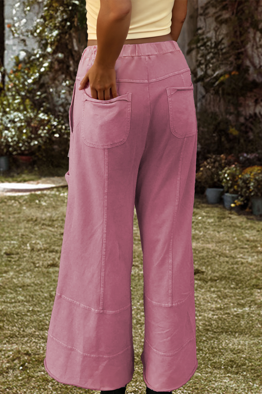 Fashion-W Mineral Wash Exposed Seam Drawstring Cargo Pants: Pink / Missy