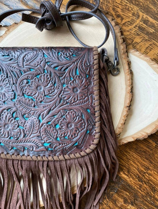 THE LEXIE CROSSBODY - BROWN + TURQUOISE - Laser Cut Purse: Medium