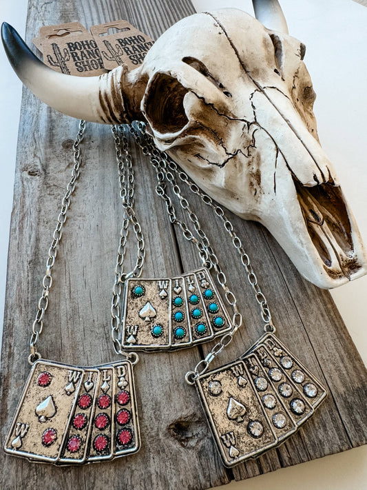 Western Wild Card Pendant Necklace - Rhinestones: PINK