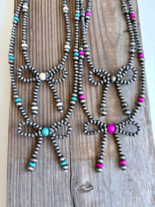 Western Navajo Style Bead Coquette Bow Necklace: TURQUOISE