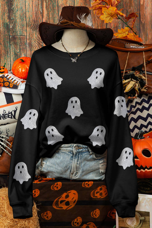Fall Glitter Ghost Print Crew Neck Halloween Sweatshirt: As shown / Missy